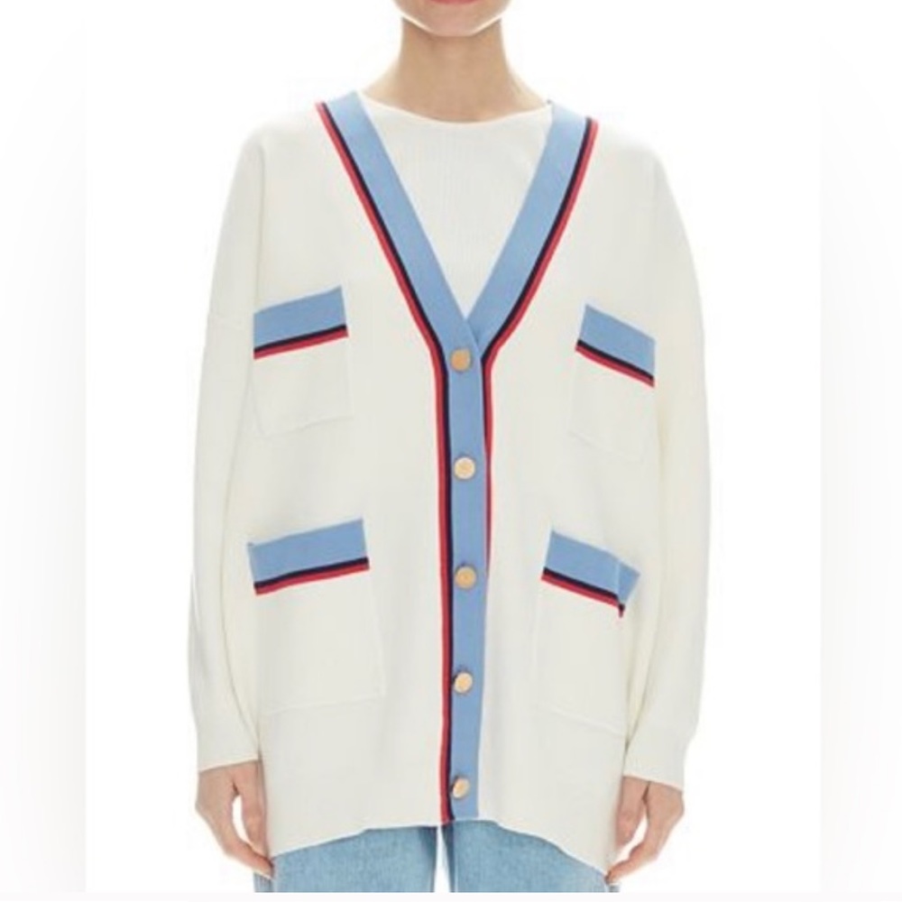 Sandro Cream Cardigan with Blue and Red Trim